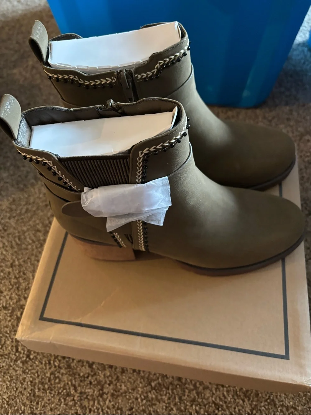 Women's Olive Chunky Ankle Heel Boots  with Decorative Trim. Size 9.